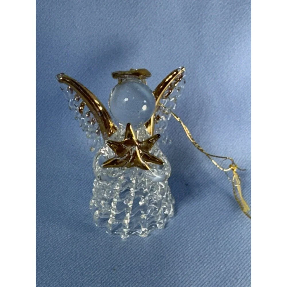 Vintage Spun Glass Angel Christmas Ornament Halo Holding Gold Glass Star 2.25”